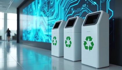 Recycling bins stand near screen in modern office. Waste containers with recycle symbol for paper, plastic, metal. Eco concept shows corporate policy of rubbish sorting in company premises near