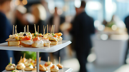Fototapeta premium Elegant canapés on a tiered tray add a touch of sophistication to any gathering. Perfect for corporate events, weddings, or upscale parties. Elevate your catering experience.