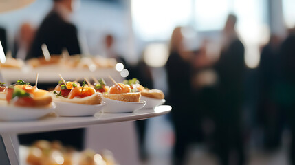 Elegant appetizers served on a white tray, perfect for a sophisticated gathering. Guests mingle in the background, adding to the ambiance of this refined event. Perfect for celebrations.