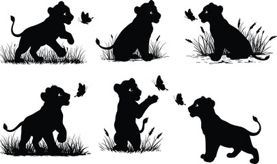 Lion cubs playing with butterflies, cute baby lions in grass, wild animal silhouette vector, wildlife design, jungle nature concept, safari art