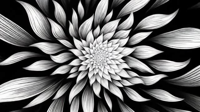 Abstract cgi of a flower with petals rotating in slow motion against a black background
