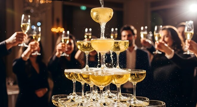Pouring champagne into a tower of coupe glasses with people toasting in the background at a celebration