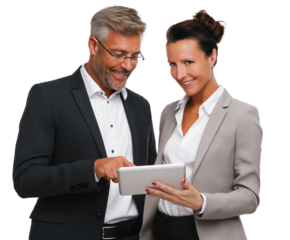 Middle-Age Caucasian businesspeople smiling and holding digital tablet, isolated on white or transparent background