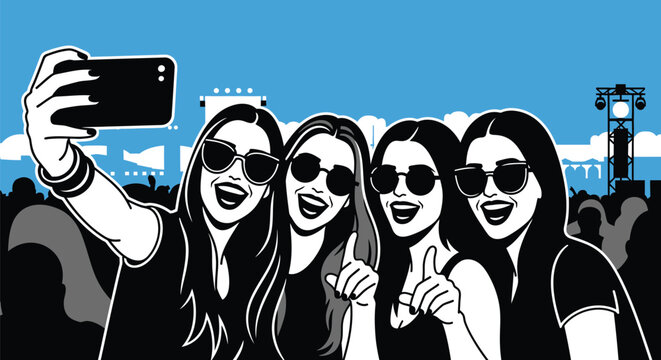 Joyful friends capture a memorable moment with a selfie at an outdoor concert