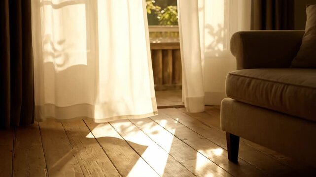 Interior view with a couch and soft light coming through the curtains