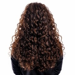 Woman with long brown curly hair is posing on a white background, showcasing her healthy and shiny hair