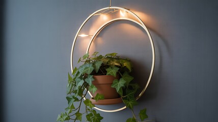 A modern circular wall decoration featuring a potted ivy plant and delicate fairy lights, adding a touch of nature and warmth