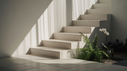 Modern minimalist staircase with natural light and plants