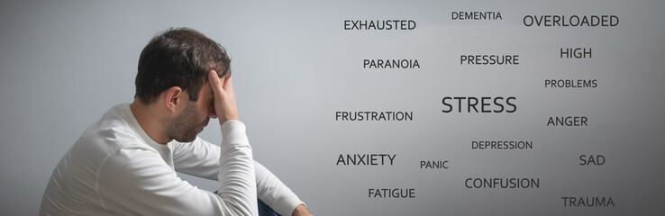 Caucasian sad man. Stress. Negative words