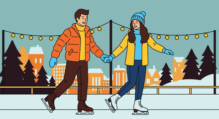 Joyful couple holding hands while ice skating outdoors on a winter evening