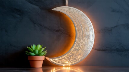 Illuminated crescent moon decoration hanging with a small potted succulent plant on a dark background