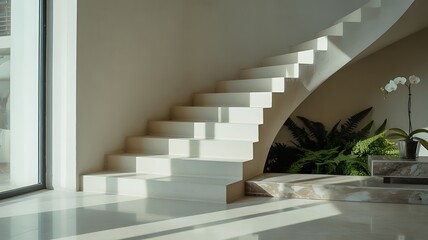 Sunlight streaming onto a modern white staircase with a curved wall and potted plants in a bright interior