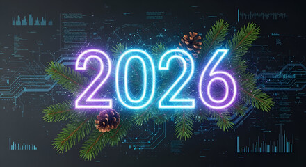 Numbers 2026 in metallic style with blue neon light and pine branches, symbolizing future and technology concept, new year