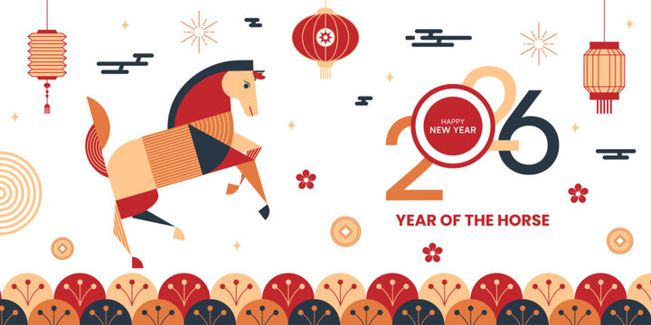 Geometric Chinese New Year 2026 banner with stylized horse, lanterns and lucky motifs, red gold and navy palette. Modern geometric neo geo style. Perfect for posters, cards, prints and social media.