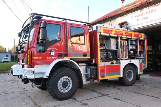 Kolbudy, Poland - 19 October 2025: Fire engine from  Voluntary Fire Service (Ochotnicza Straż Pożarna or OSP) in Kolbudy, Poland. The truck is an Iveco Eurocargo model, standing by fire station.