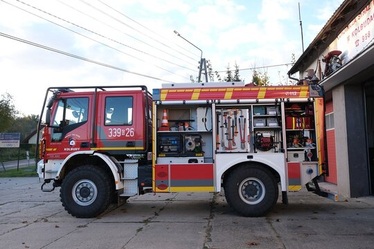 Kolbudy, Poland - 19 October 2025: Fire engine from  Voluntary Fire Service (Ochotnicza Straż Pożarna or OSP) in Kolbudy, Poland. The truck is an Iveco Eurocargo model, standing by fire station.