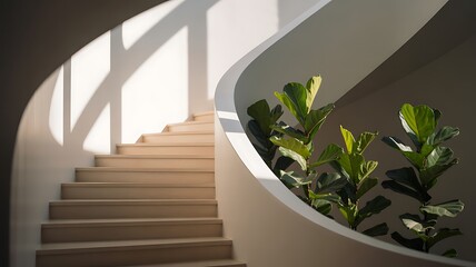 Modern spiral staircase with natural light and green plants