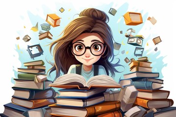 Cartoon illustration of a young student reading a book surrounded by flying books and objects, representing the power of imagination and knowledge