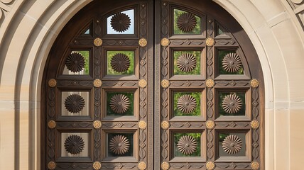 Ornate wooden double doors with intricate carvings and metal details