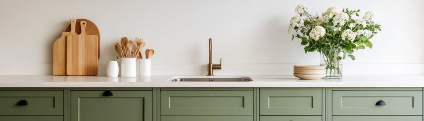 Sage Green Kitchen Wood Cutting Boards, White Flowers, Modern Design , Kitchen Design , Home Decor