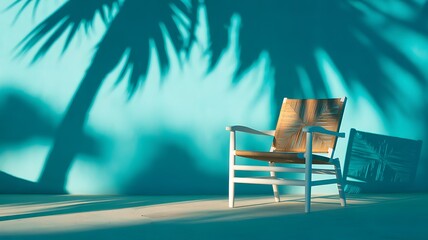 A solitary woven chair sits on a sandy surface casting a long shadow from palm fronds against a teal wall