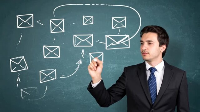 A businessman in a suit draws an email diagram on a blackboard with white marker