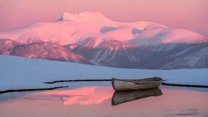 Wooden boat on calm water reflecting pink sky and snowcovered mountains