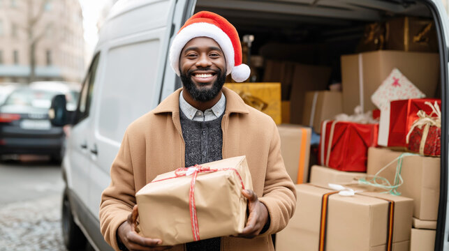 Cheerful African American delivery man wearing Santa hat and stylish coat is smiling and holding wrapped Christmas present in front of an open delivery van full of packages. Christmas delivery - Powered by Adobe