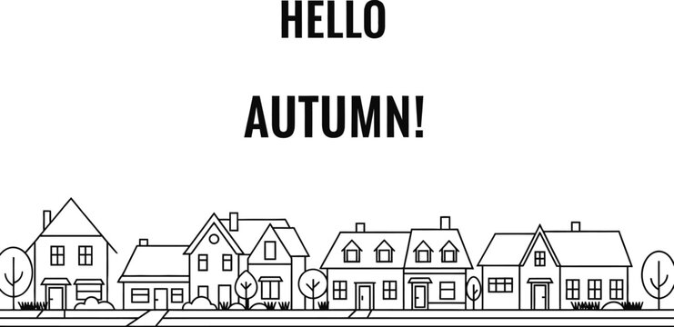 Welcome autumn to a charming row of houses in a simple outline illustration.