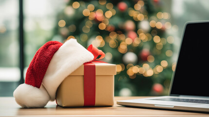 Still life of Santa hat placed on Christmas gift box next to laptop with blurred festive tree in background. Christmas online shopping, e-commerce, holiday delivery service, gift preparation