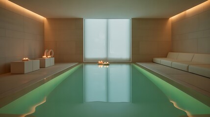 Luxurious indoor swimming pool with ambient lighting and candles