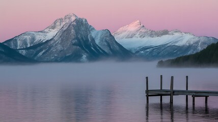 Misty lake at sunrise with snowcapped mountains and a wooden pier