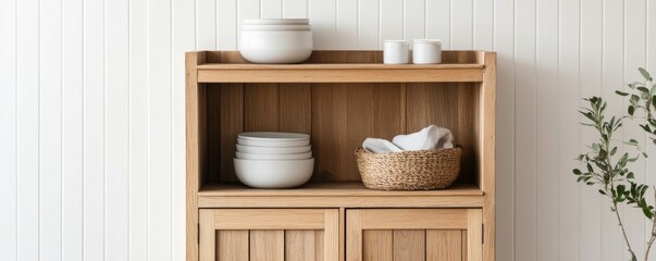 Wooden Cabinet with White Dishes and Woven Basket, minimalist , storage