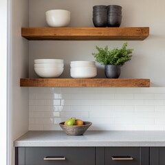 Wooden Shelves with White Bowls and Greenery, Kitchen design ,Home Decor