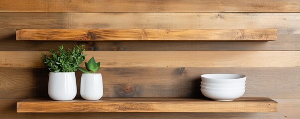 Wooden Wall Shelves with Plants and Bowls, HomeDecor , Minimalist