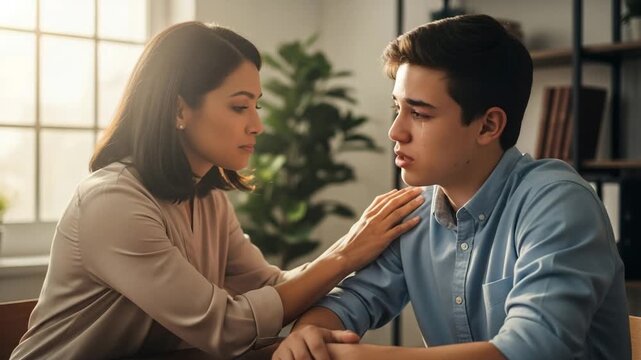 Caring mother comforts her teenage son who is crying and feeling sad at home