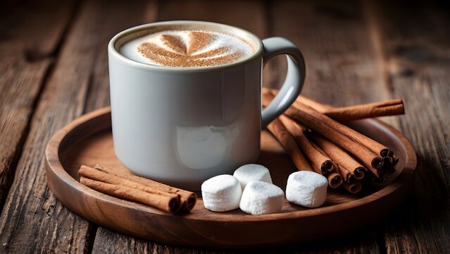 Cup of hot coffee with cinnamon and marsh on wooden plate on.