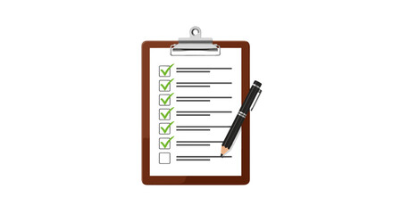 A realistic illustration of a clipboard with a checklist and a pen, featuring several completed tasks marked with green checkmarks and one pending task, symbolizing productivity, organization, and