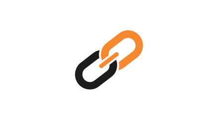 Abstract graphic representation of a chain link, symbolizing connection, strength, and unity. The design features a bold orange link intertwined with a dark gray link against a stark black