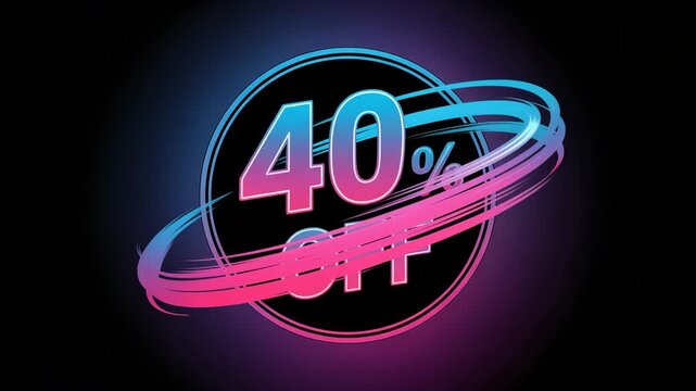 Dynamic neon 40 percent off sale announcement with swirling abstract lines