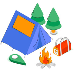 An isometric design illustration of camping 