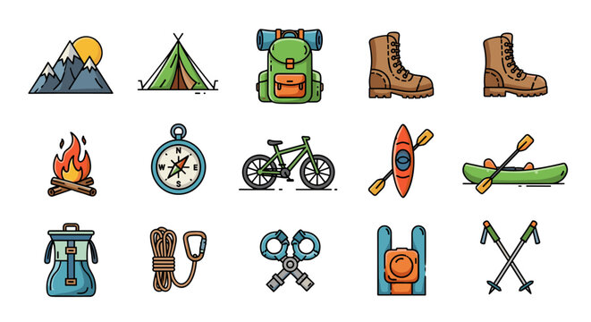 Collection of vibrant, flat design icons representing outdoor adventure and camping activities, including mountains, tent, backpack, hiking boots, campfire, compass, bicycle, kayak, canoe, water