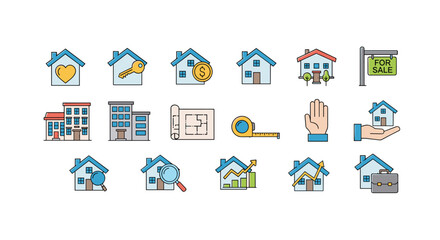 Collection of real estate icons and symbols in a flat design style, representing various aspects of property buying, selling, and investment, including houses, apartments, keys, blueprints, and