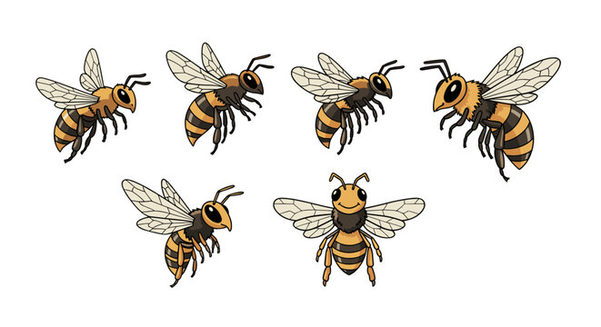 A charming collection of six cartoon bees, each with unique poses and expressions, rendered in a vibrant, illustrative style against a stark black background, perfect for adding a touch of whimsy and