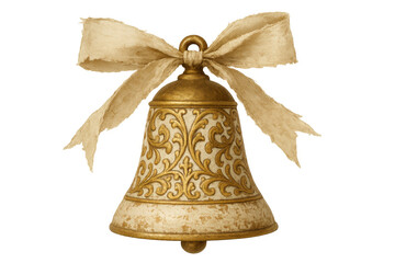 Ornate gold christmas bell ornament with texture and distressed ribbon, isolated on transparent background