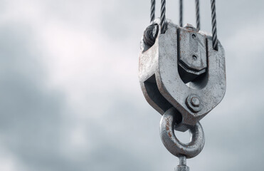 Close-up view of a metallic pulley system with cables suspended against a cloudy sky, showcasing industrial strength and engineering design in construction environments