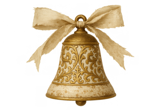 Ornate gold christmas bell ornament with texture and distressed ribbon, isolated on transparent background