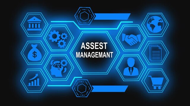 Digital Transformation and Business Development Concepts. Glowing Assest Managemant button in German on  futuristic, abstract wave technology  black background Smart Business and Technology Solutions.