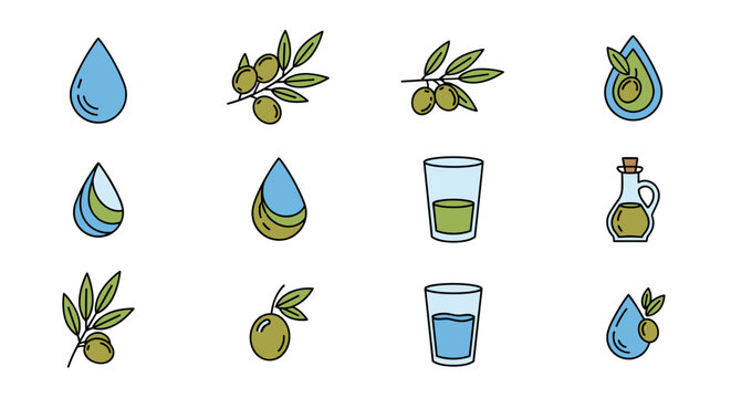 Set of twelve flat design icons representing olive oil production and consumption, including water drops, olive branches, olives, glasses of olive oil, and a bottle of olive oil, perfect for food and