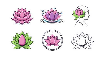 Collection of stylized lotus flowers in various designs and colors, including a lotus in water with splashes, a lotus within a silhouette of a woman's head, a lotus in a circle, and a simple outline